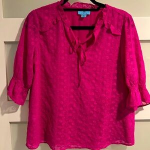 CeCe Hot Pink Women's Embroidered Eyelet V-Neck Top - medium - tie neck